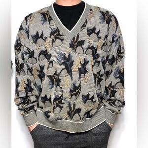 Vintage London Fog Sweater Textured Men’s V-Neck Knit Cosby 90’ 3D Hip Hop XL